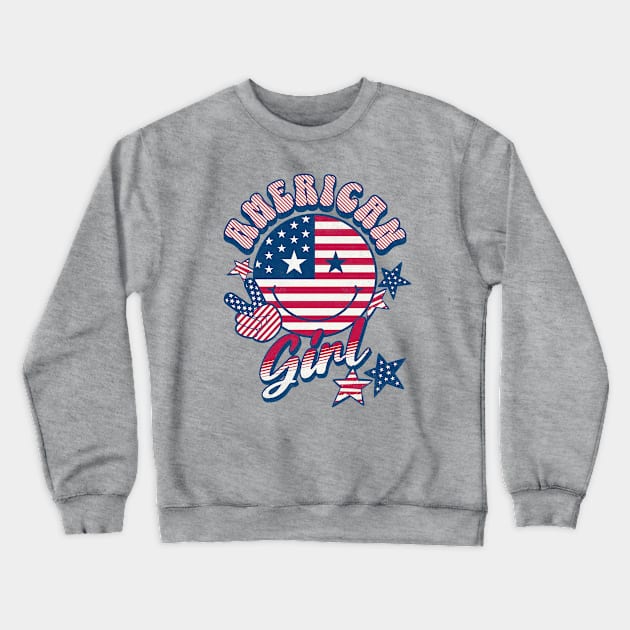 American Girl American Flag Retro Smiley Face Crewneck Sweatshirt by PUFFYP